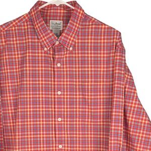L.L.Bean Men's XL Red Plaid Button Down‎ Shirt 100% Cotton Long Sleeve
